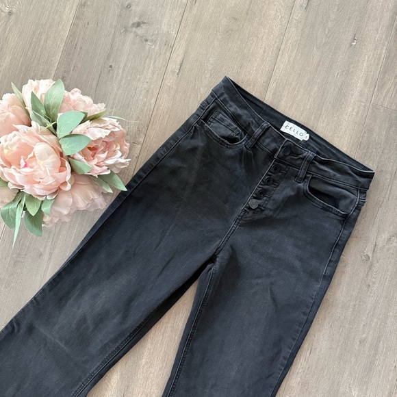 Cello Black High Rise Exposed Button Fly Flare Raw Hem Jeans - Picture 3 of 9